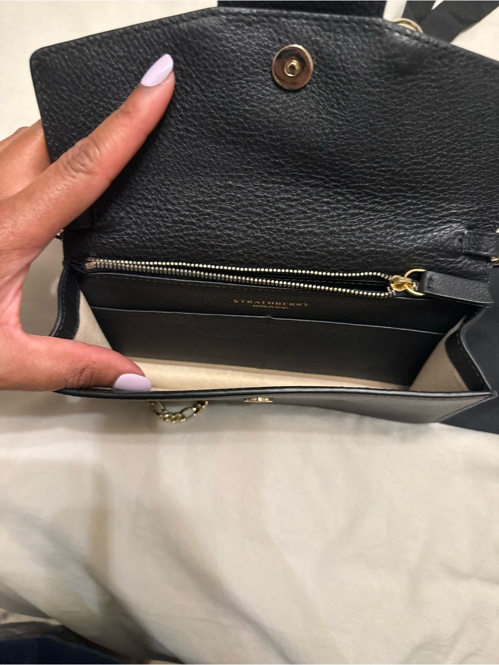 Strathberry Black Leather Wallet on Chain with Gold Arc Hardware - Picture 9 of 13